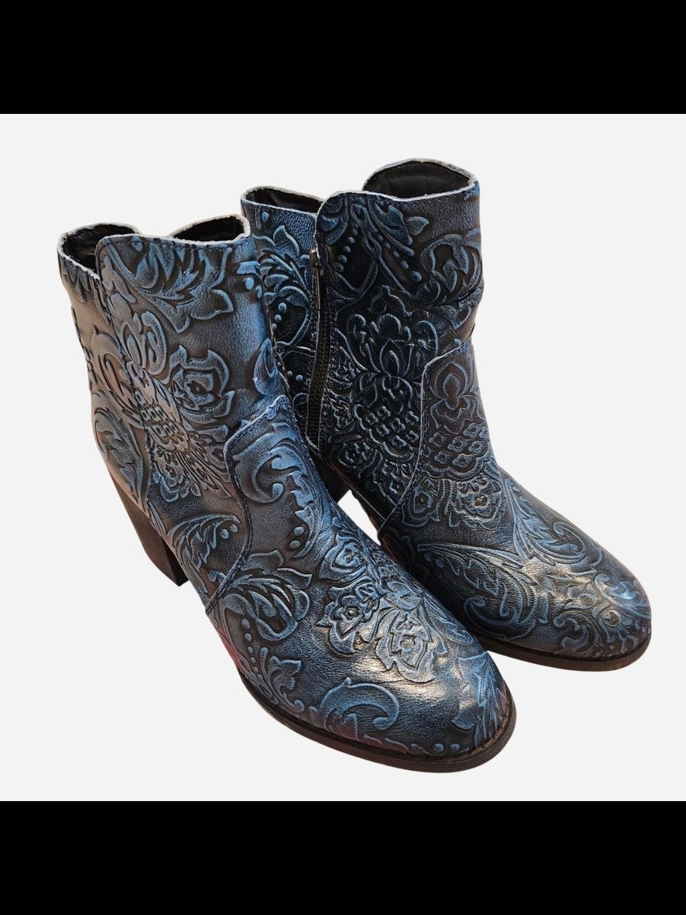 Embossed Floral Ankle Booties in Blue Leather